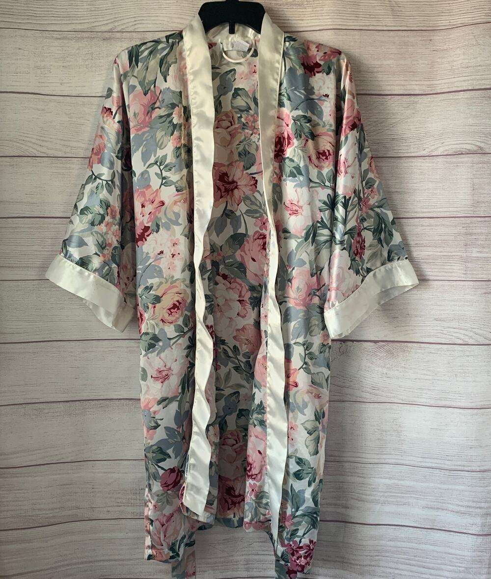 Mystique Intimates Floral Satin Robe Wrap with Tie Belt Kimono Duster Size OS